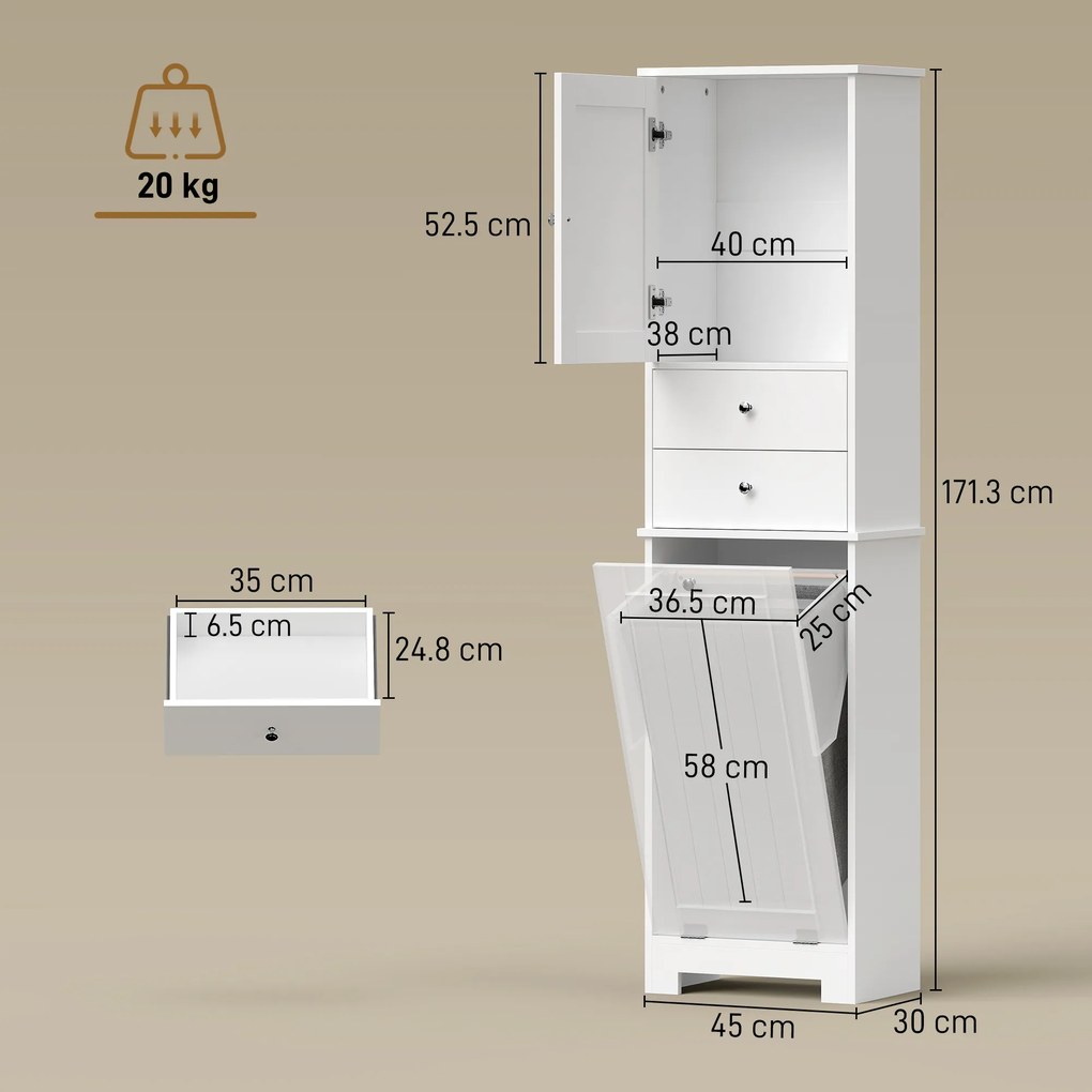 HOMCOM Dulap Baie Înalt și Îngust cu Coș pentru Rufe Înclinabil, Culoare Alb. | Aosom Romania