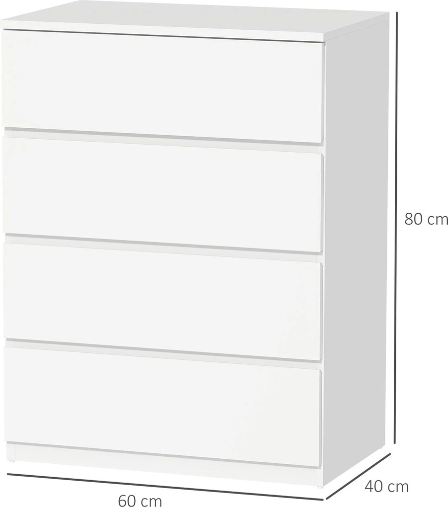 HOMCOM Comodă cu 4 Sertare, Organizator de Depozitare cu Ghidaje Metalice și Mânere cu Caneluri, 60x40x80 cm, Alb | Aosom Romania