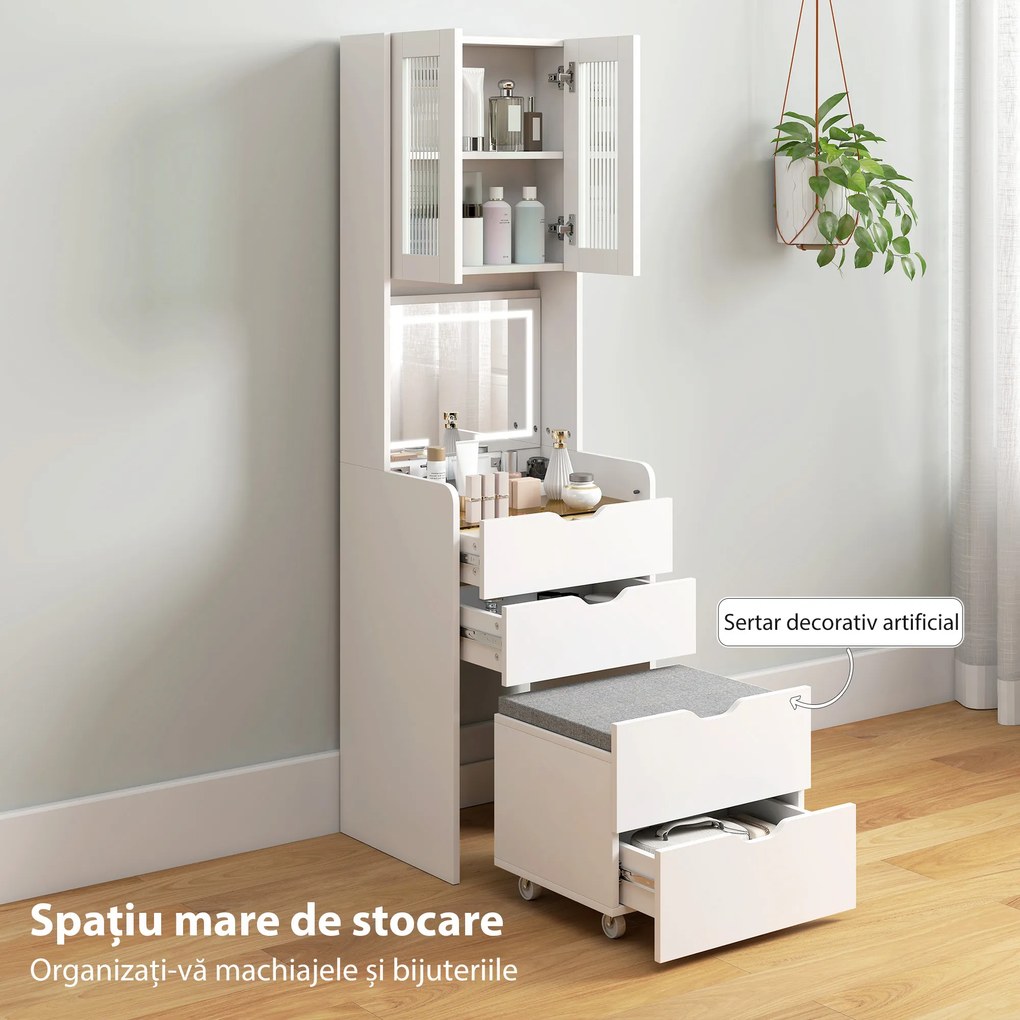 HOMCOM Stație de Machiaj cu Lumini LED în 3 Culori, Oglindă Rabatabilă, Scaun Ascuns, Măsuță de Machiaj cu Scaun Îmbunătățit, 3 Sertare, Compartiment, Dulap cu Uși din Sticlă, Modern, Alb | Aosom Romania