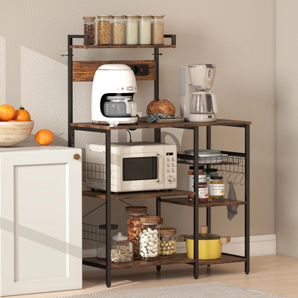 HOMCOM Raft pentru bucătărie, raft independent cu 2 prize, 5 cârlige S, 5 polițe, coș, bare în X, oțel 90 x 42 x 130 cm | Aosom Romania