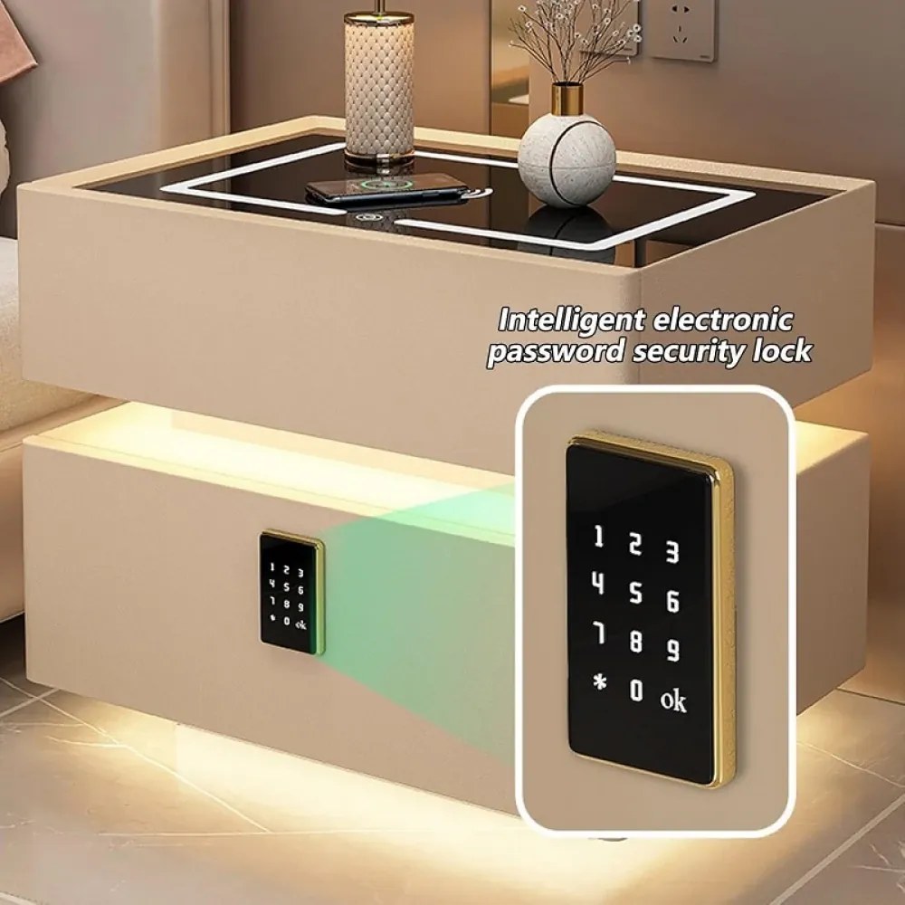 Noptieră inteligentă multifuncțională, sertar tip seif cu blocare cu parolă, încărcare Wireless, difuzor Bluetooth, iluminare LED touch în 3 culori, Negru