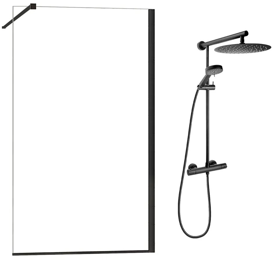 Pachet paravan dus Walk-In Fluminia Foxy negru 100x200 cm si coloana de dus FDesign Anima Quadro negru