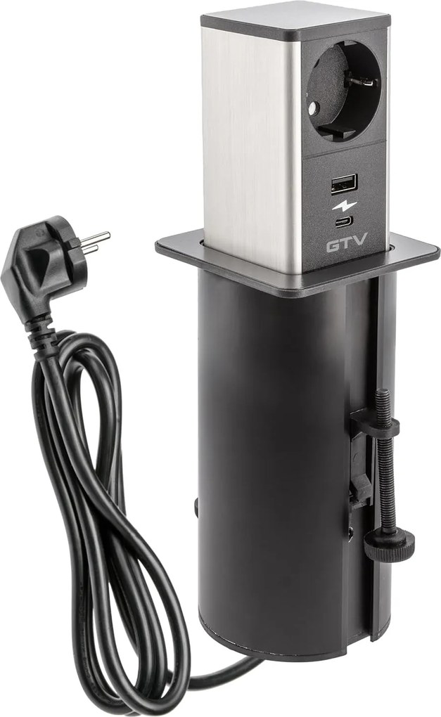 Priză încorporabilă în blat Tower, GTV 1 priză Schuko, USB A + C, negru, D:80 mm Negru, Aluminiu/Plastic, D:80 mm