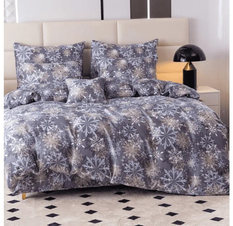 Set 2 bucati lenjerie din microfibra SNOWFLAKE albastru-gri + cearsaf Jersey 180x200cm alb, pat dublu
