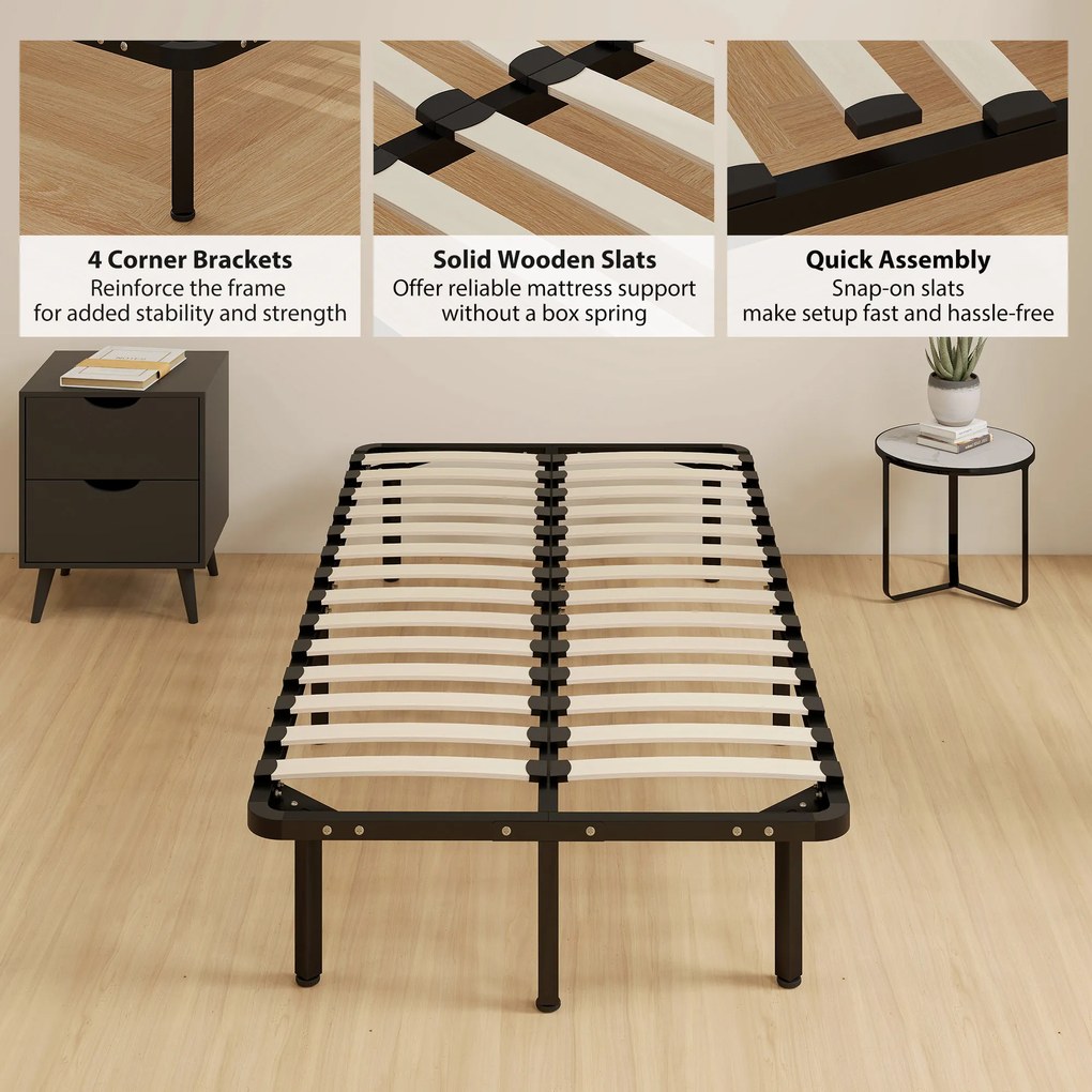 HOMCOM Cadru de Pat Industrial cu 28 de Lamele și Spațiu de Depozitare, din Lemn și Oțel, 190x90x31 cm, Negru și Lemn | Aosom Romania