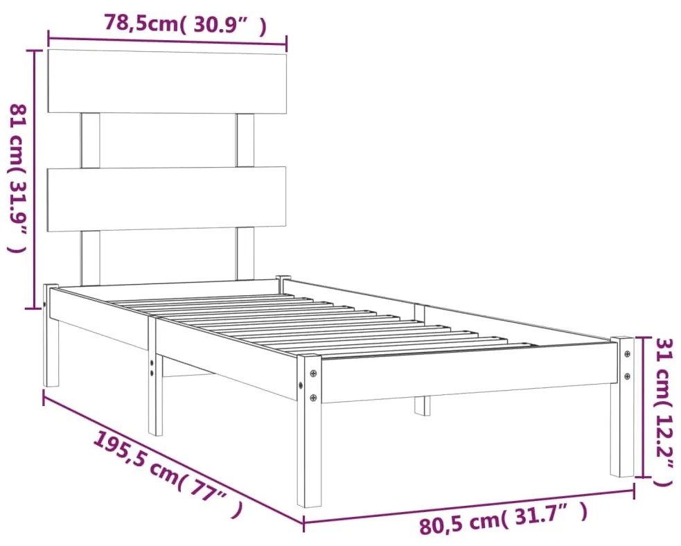 Cadru de pat mic Single 2FT6, 75x190 cm, lemn masiv Maro, 75 x 190 cm