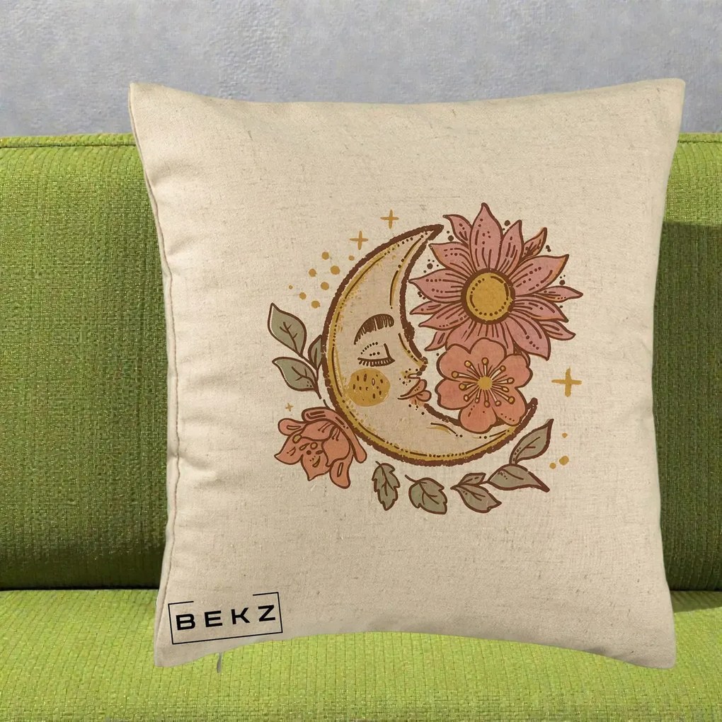 Perna Personalizata Luna Boho Chip Floral, 40x40 cm, Bej, Husa Detasabila, Perna Inclusa, BEKZ®