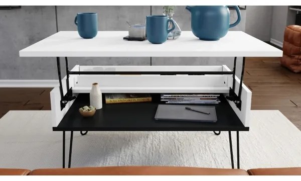 Masă de cafea HALIJA cu blat rabatabil și raft, alb/negru