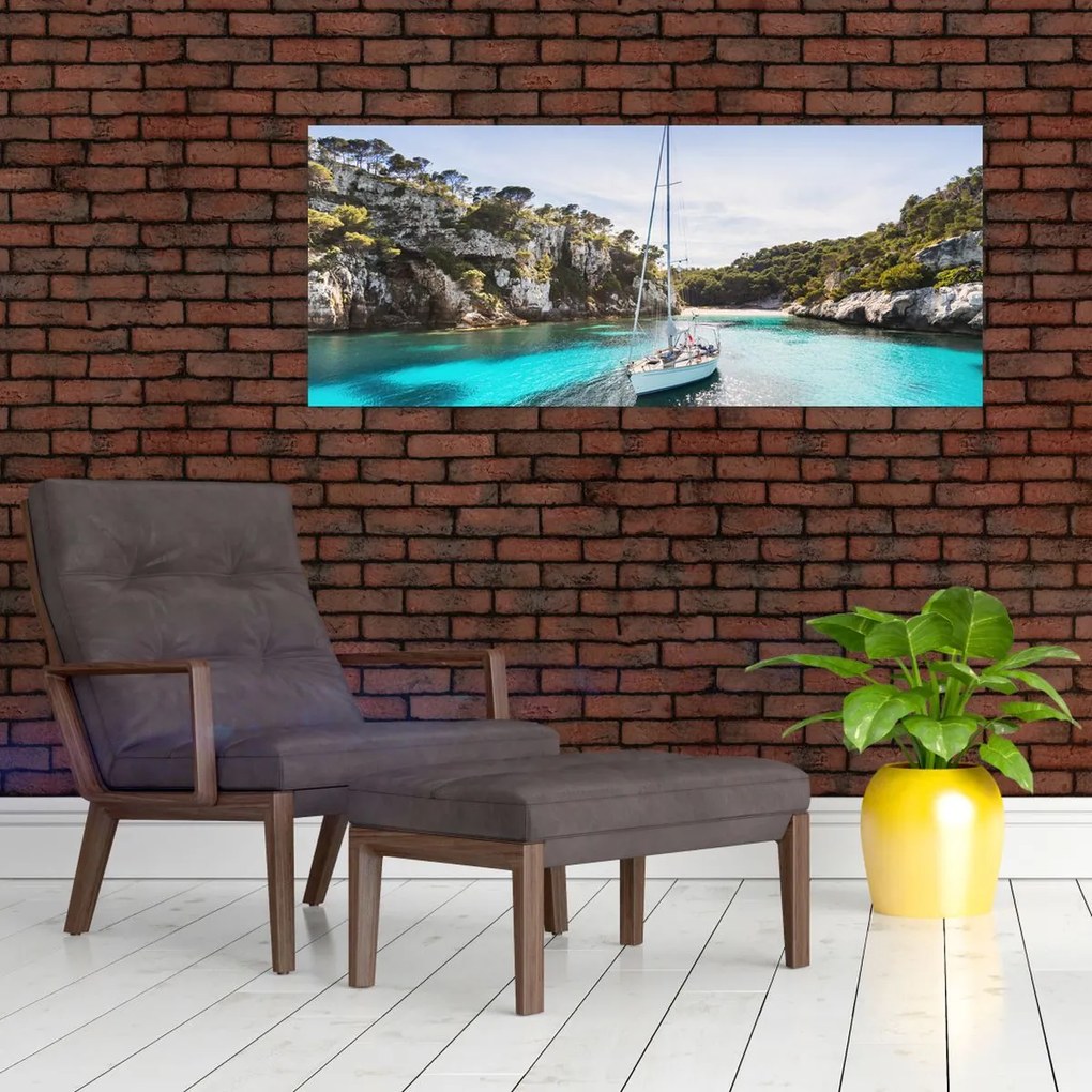 Tablou - Plajă cu barca cu pânze (120x50 cm)