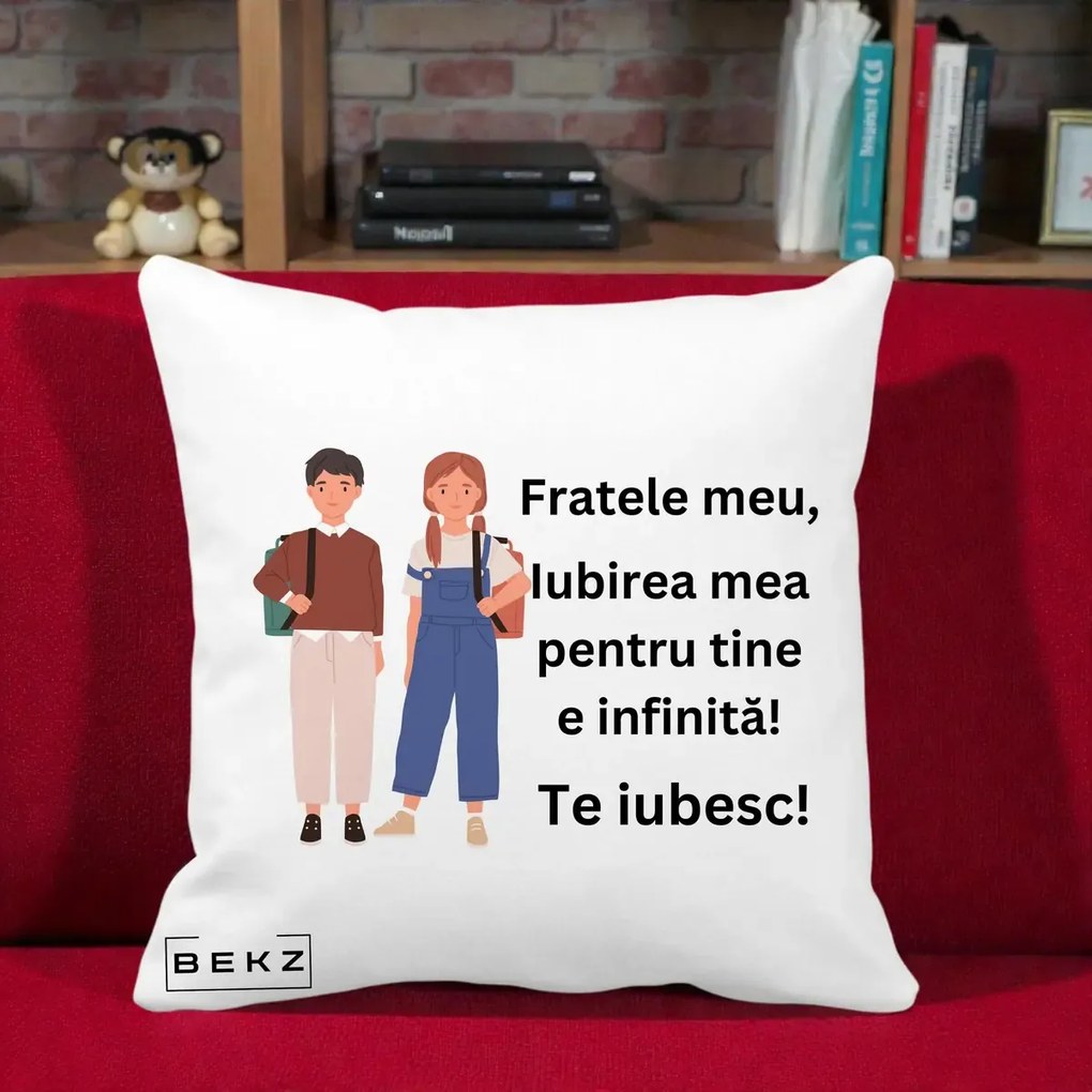 Cadou pentru Frate - Perna Personalizata Fratele Meu Te Iubesc Elevi Ilustratie Colorata, 40x40 cm, Alba Mata, Husa Detasabila, Perna Inclusa, BEKZ®