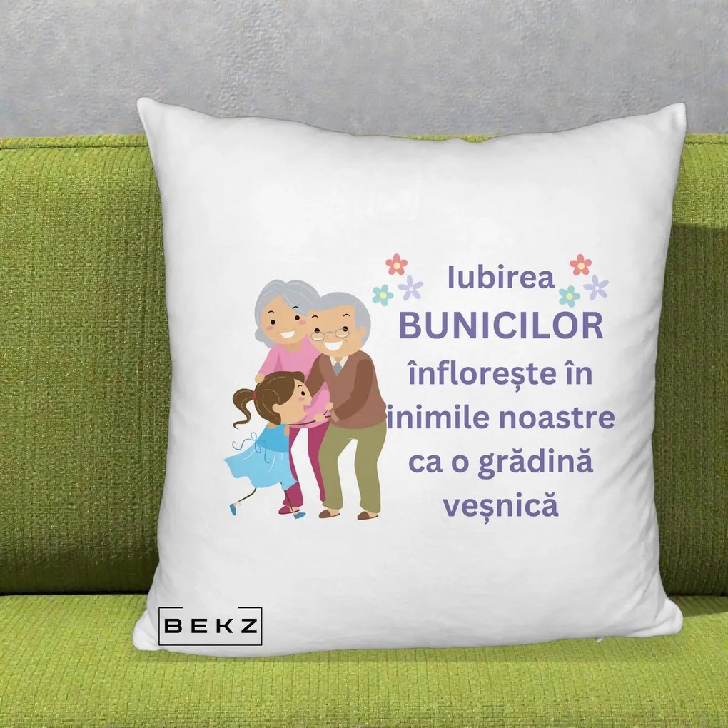Perna personalizata bunici: Iubirea bunicilor, cu nepoata, text mov, 40x40 cm cu Umplutura, Alb Pufos, BEKZ