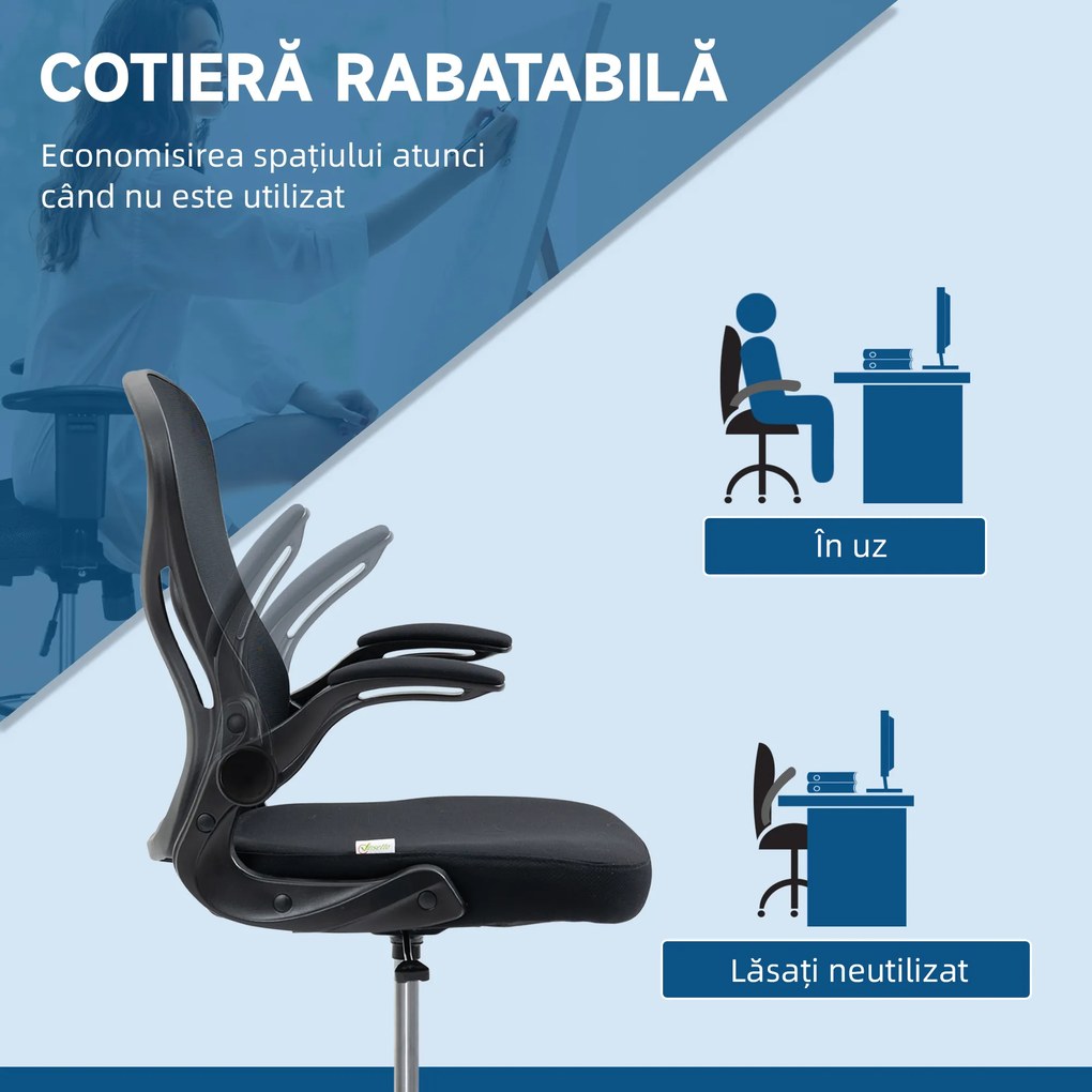 Vinsetto Scaun de Birou Ergonomic, Scaun Rotativ din Plasă, Reglabil pe Înălțime cu Suport pentru Picioare și Cotiere Rabatabile, Capacitate 120kg, Negru | Aosom Romania