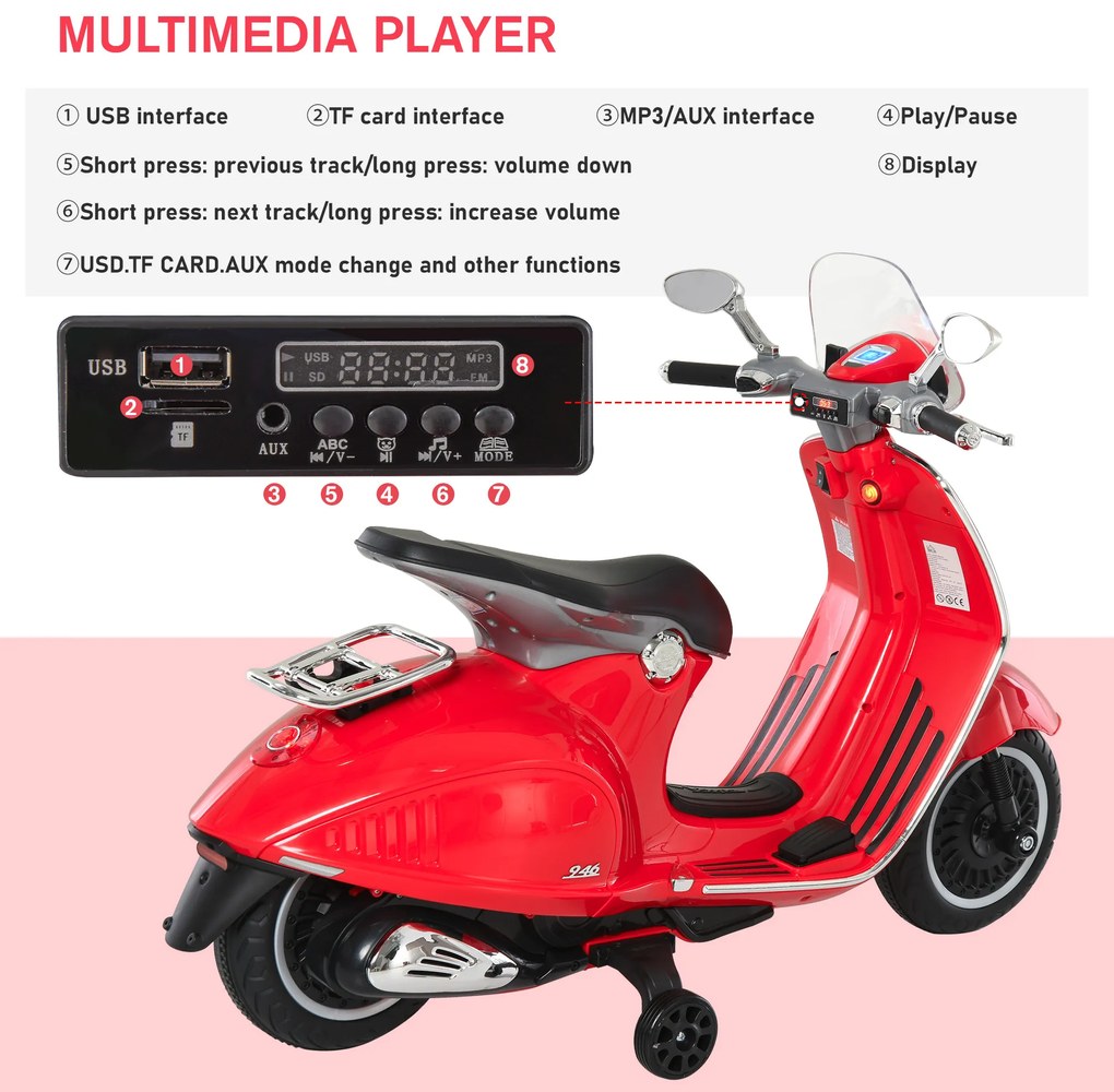 HOMCOM Motocicletă Electrică pentru Copii 3+ Ani, Motocicletă Jucărie din PP și Oțel cu 2 Roți Suplimentare, 108x49x75 cm, Roșie | Aosom Romania