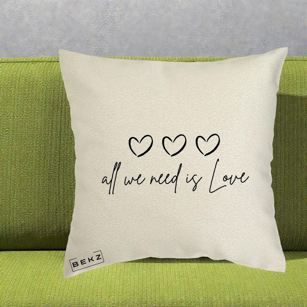Perna Decorativa All We Need Is Love, 40x40 cm, Ecru, Husa Detasabila, Perna Inclusa, BEKZ®