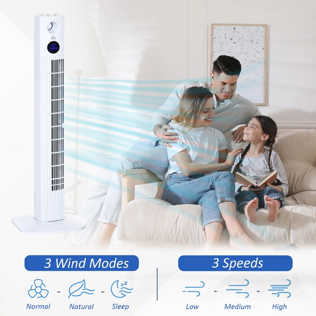 HOMCOM Ventilator Turn cu 3 Moduri și 3 Viteze cu Cronometru 12h, Ventilator de Podea cu Telecomandă, 31,5x31,5x96 cm, Alb | Aosom Romania