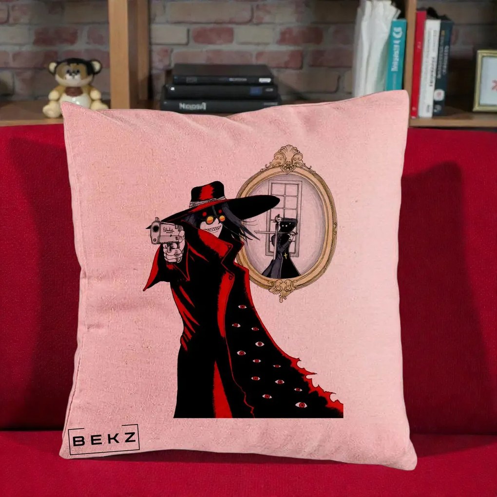 Perna Personalizata Hellsing Alucard cu Pistoale, 40x40 cm, Roz, Husa Detasabila, Perna Inclusa, BEKZ®
