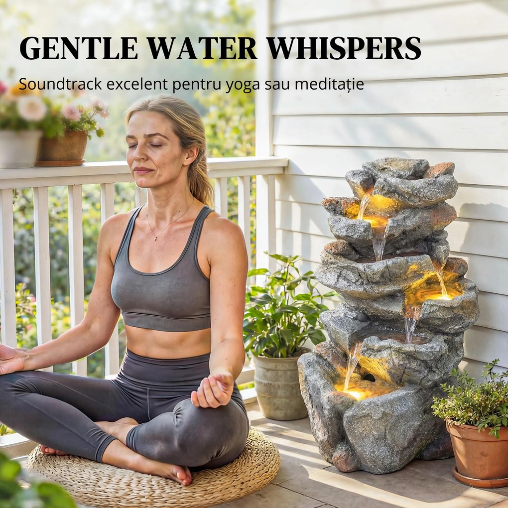 Outsunny Fântână de exterior cu design de rocă în 6 niveluri, cascadă de apă cu lumini LED, debit reglabil, gri | Aosom Romania