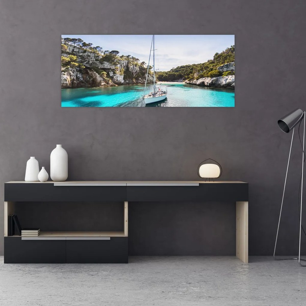 Tablou - Plajă cu barca cu pânze (120x50 cm)