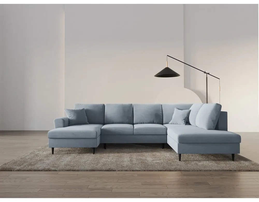 Colțar albastru deschis extensibil, cu spațiu de depozitare cu tapițerie din catifea (cu colț pe partea dreaptă-în formă de "U") Kyoto – Cosmopolitan Design