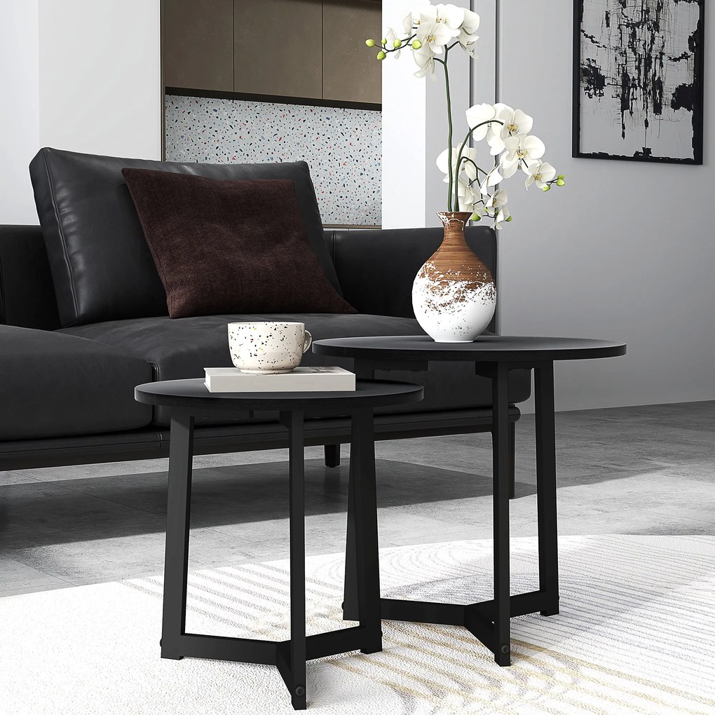 HOMCOM Set modern de mese de cafea, Cadru de Oțel, MDF, Design Rotund, suprapozabil, Negru | Aosom Romania