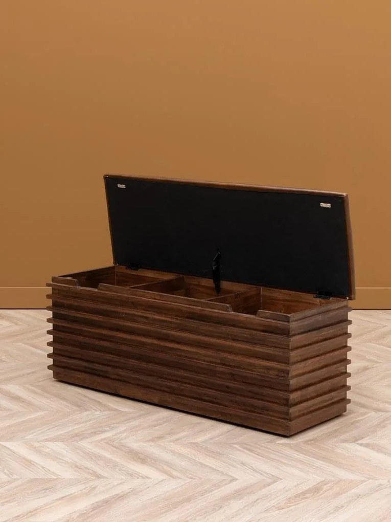 Banchetă din piele naturală cu structură și spațiu de depozitare din lemn de acacia, maro antichizat, finisaj lucios, 110×40,5×36 cm, „Leya"