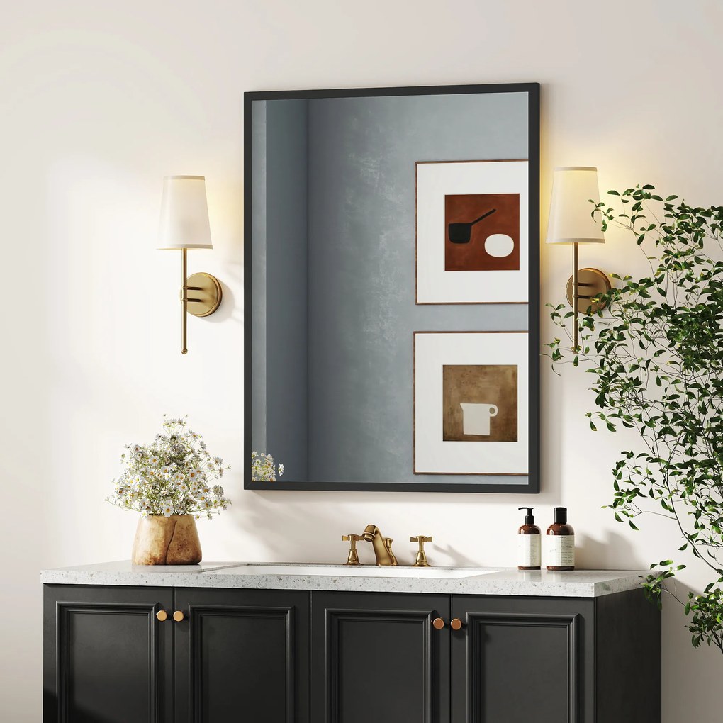 HOMCOM Oglindă de Perete din Sticlă și MDF, cu Cârlige, 70 x 90 cm, Negru | Aosom Romania