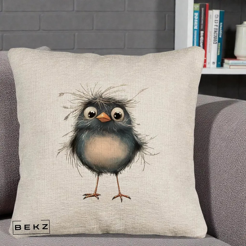 Perna Decorativa Pui Negru Zbarlit cu Pene Fine, 40x40 cm, Bej Canapea, Husa Detasabila, Perna Inclusa, BEKZ®