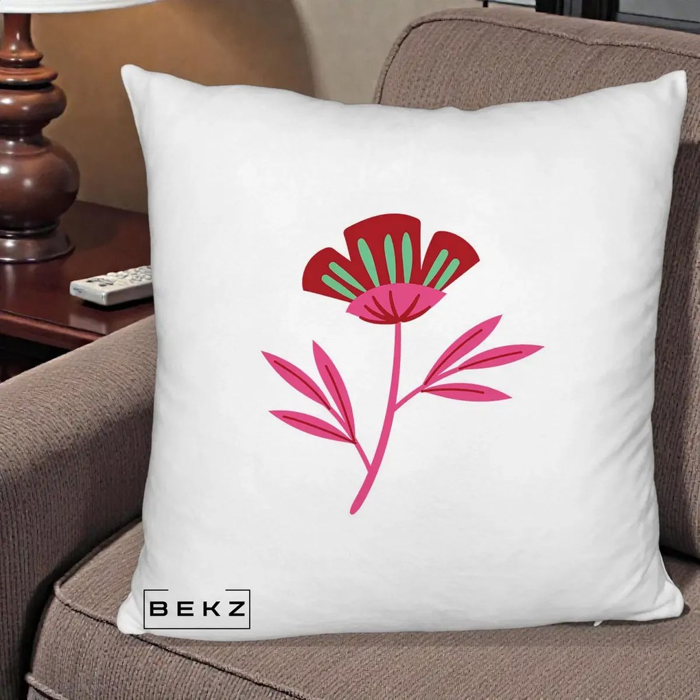 Perna Decorativa Floare Macul Roz-Rosu Grafic, 40x40 cm, Alb Pufos, Husa Detasabila, Perna Inclusa, BEKZ®