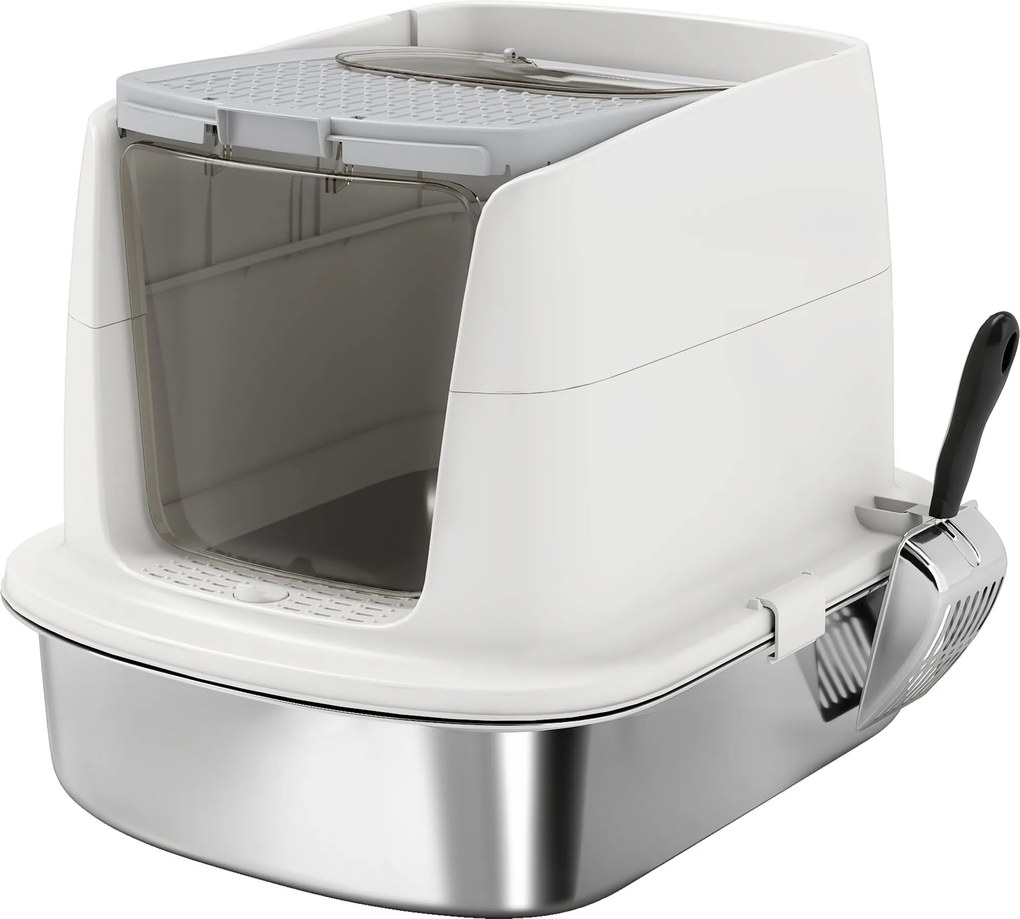 PawHut Litieră pentru pisici cu 2 intrări, deodorant și lopățică, Alb | Aosom Romania