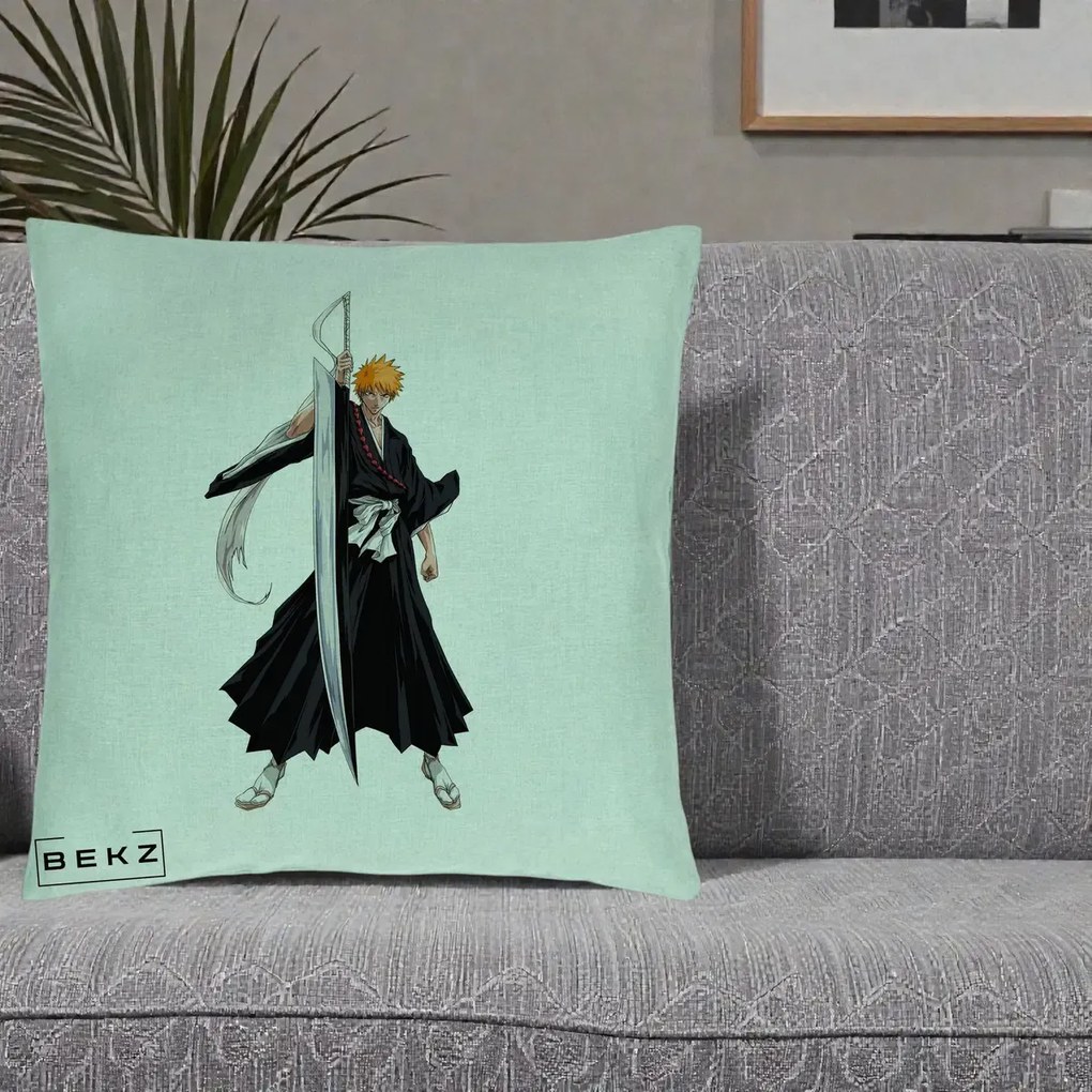 Perna Personalizata Bleach Ichigo Kurosaki Zangetsu, 40x40 cm, Verde Menta, Husa Detasabila, Perna Inclusa, BEKZ®