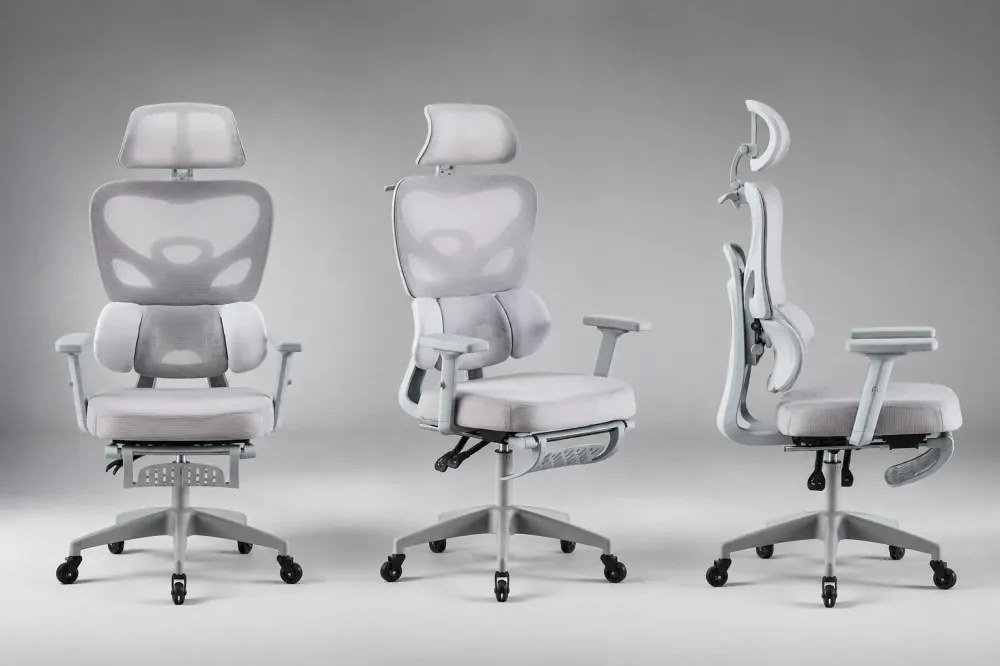 Scaun ergonomic, Suport Lombar 3 Zone Dinamice, Spătar ajustabil pe inaltime, cotiere 3D, tetiera 3D, suport pentru picioare, umeras, pivotant, Mesh, Gri