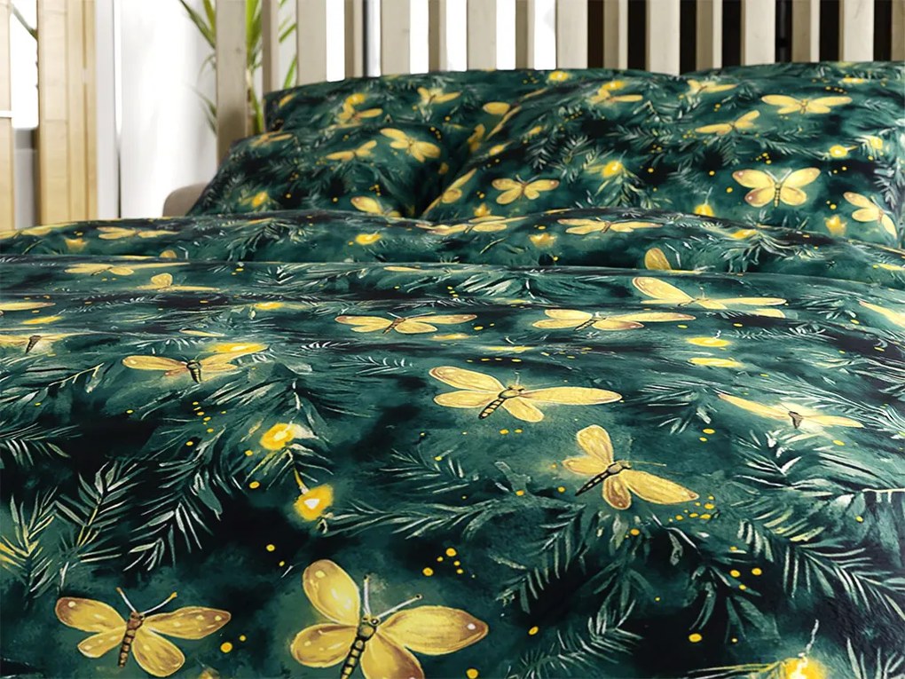 Set Lenjerie Cocolino YELLOW BUTTERFLY verde inchis + Cearsaf Cocolino microplus cu elastic SOFT 90x200 cm alb, pat single