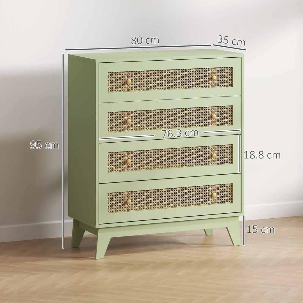HOMCOM Comodă 4 sertare mobilier de depozitare cannage din ratan aspect lemn deschis 80 x 35 x 95 cm verde | Aosom Romania