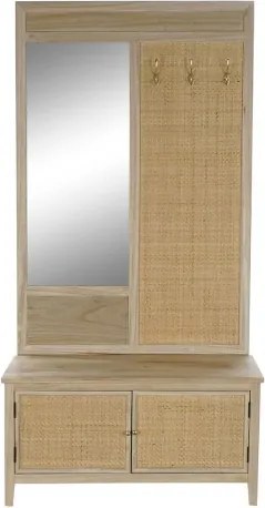Cuier de hol din lemn de paulownia și rattan cu oglindă și banchetă cu depozitare, 92×40×181 cm, „Perchero"