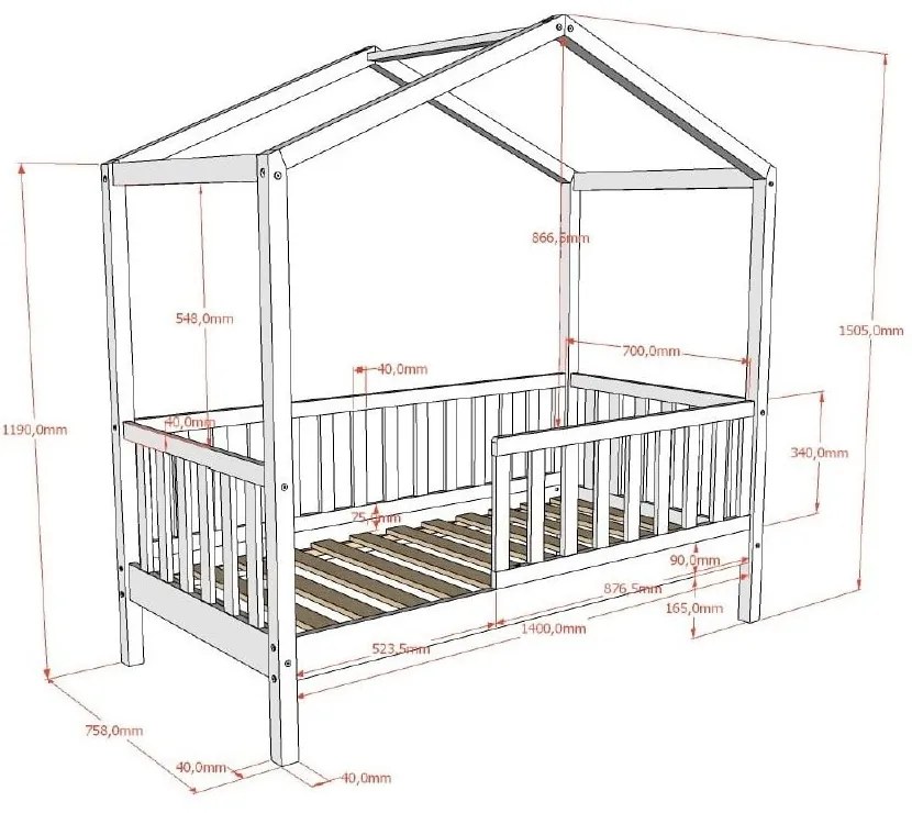 Pat pentru copii gri antracit de tip casă din lemn de pin cu somieră 70x140 cm DALLAS – Vipack