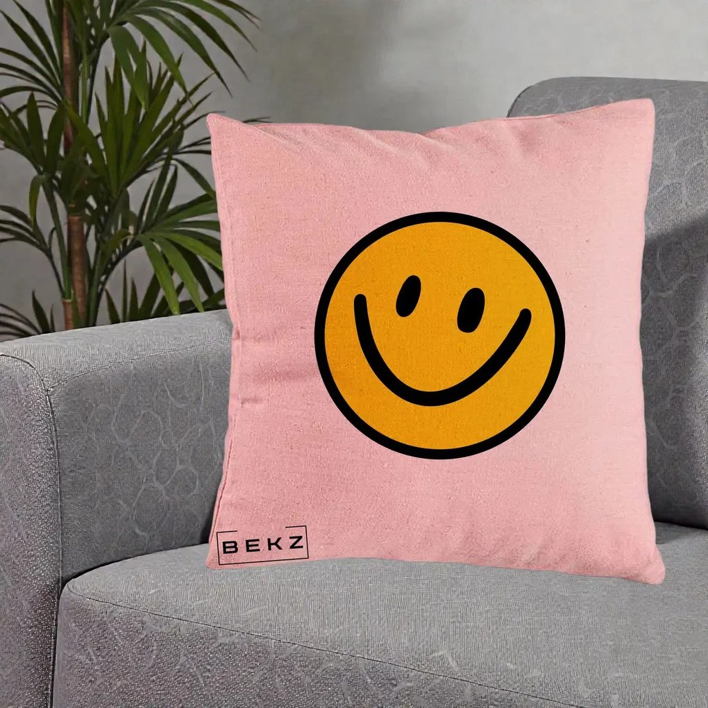 Perna Decorativa Smiley Face Galben Clasic, 40x40 cm, Roz, Husa Detasabila, Perna Inclusa, BEKZ®