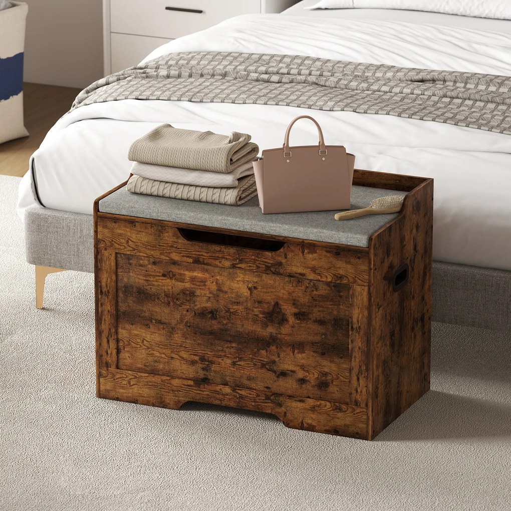 HOMCOM Bancă de Depozitare de 103L Multifuncțională, nuanță de Lemn cu Pernă din Țesătură Gri, 75x40x56 cm | Aosom Romania