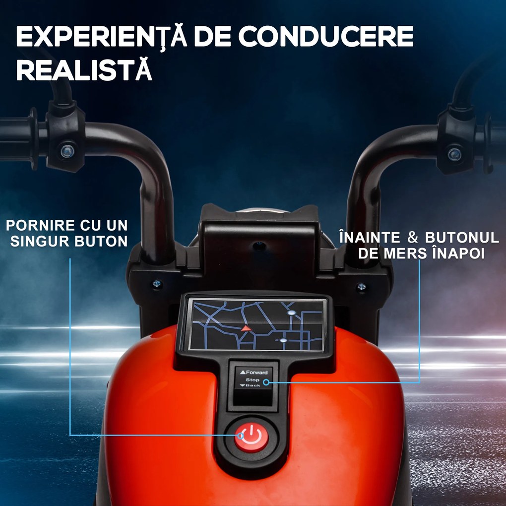 HOMCOM Motocicleta Electrica pentru Copii 18-36 Luni, cu Roti Suplimentare si Far, din PP si Metal ,Rosu si Negru | Aosom Romania