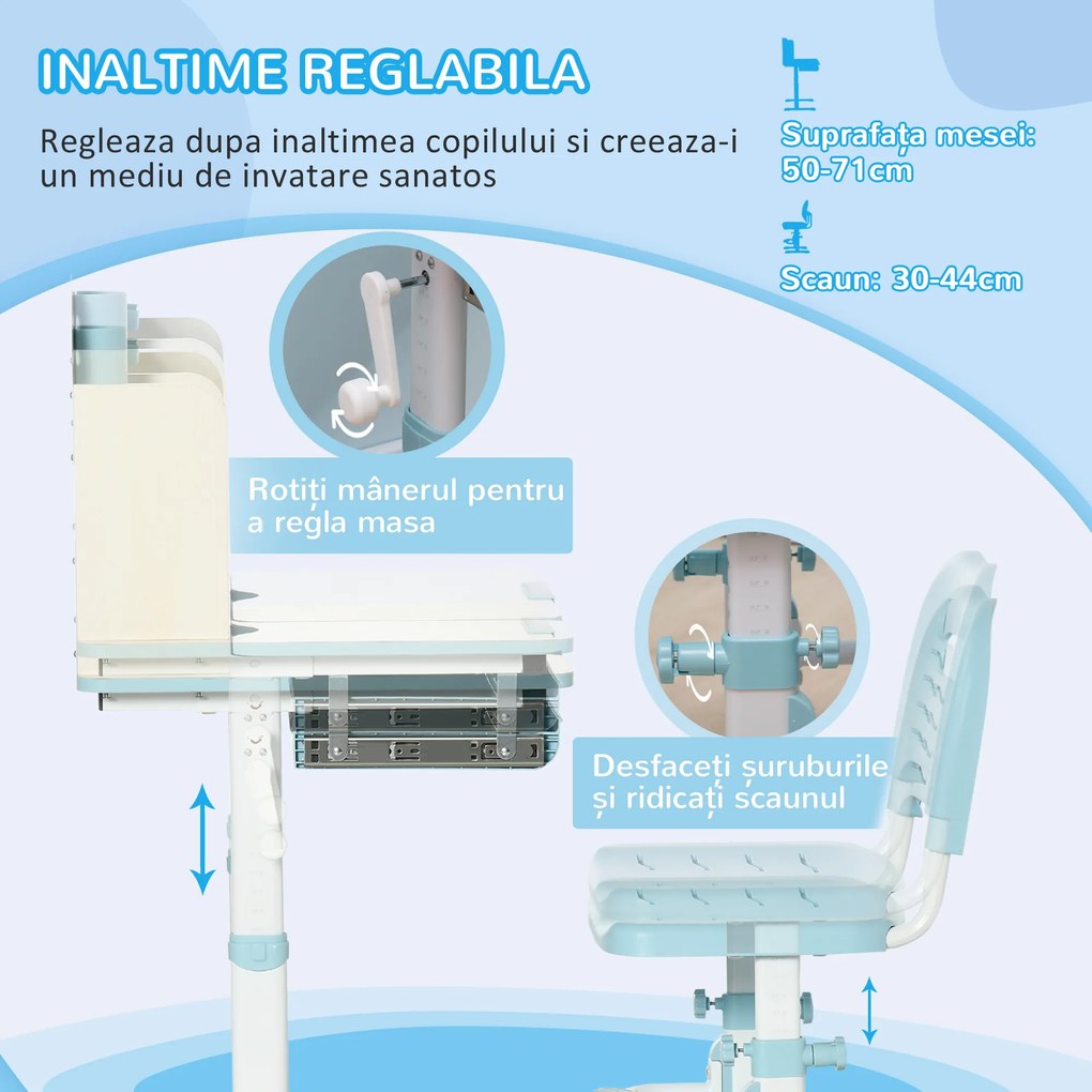HOMCOM Set Birou și Scaun pentru Copii Reglabile, Inclinabilă la 60° cu Sertar, Rafturi și Suport, 3+ Ani, Albastru | Aosom Romania