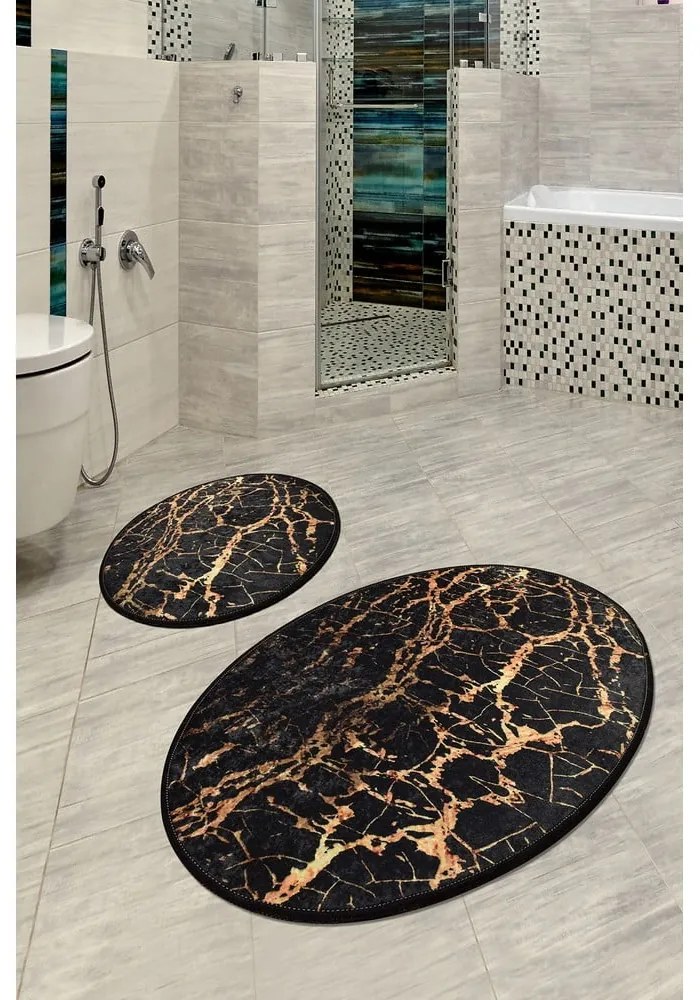 Set 2 covorașe ovale de baie Foutastic Gold Marble, negru