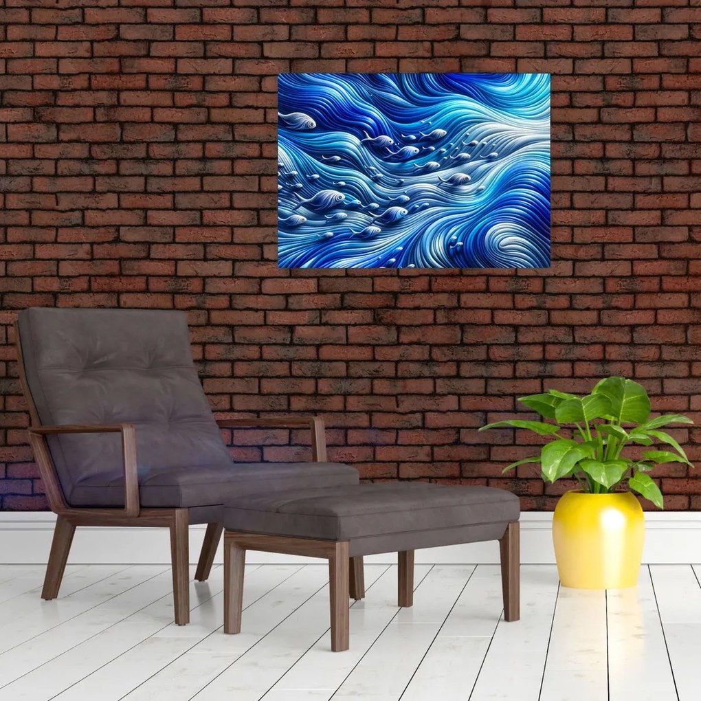 Tablou pe sticlă – Pești în valuri (70x50 cm)