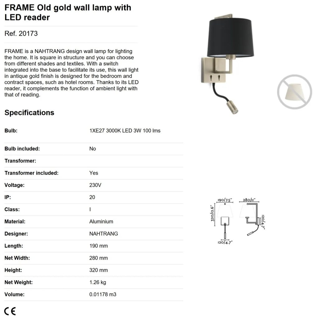 Aplica perete cu reader LED design clasic FRAME auriu antic/negru