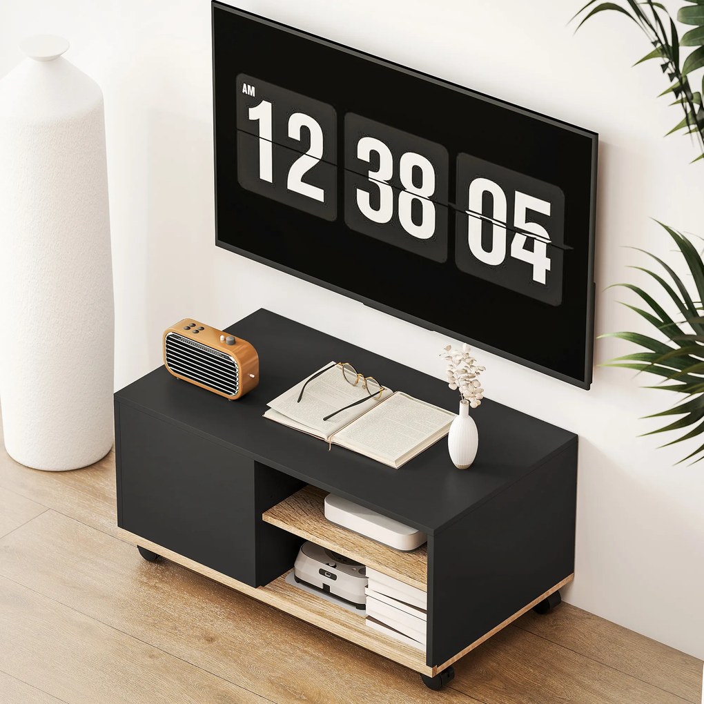 HOMCOM Dulap TV 42" Max cu 2 Rafturi deschise si Usa, Dulap TV Jos din PAL cu Roti, 80x45x39.5 cm, Alb | Aosom Romania