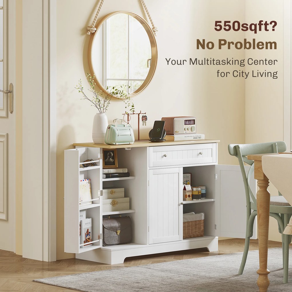 HOMCOM Comodă Modernă cu Spațiu de Depozitare, Bufet cu Sertar, Rafturi Reglabile, Mică Cămară de Bucătărie cu Rafturi Interioare, Alb | Aosom Romania