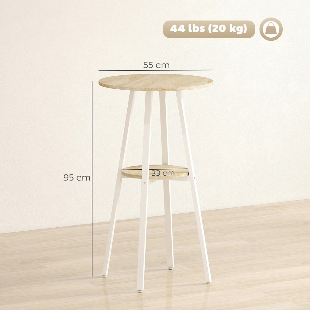 HOMCOM Masă Înaltă Rotundă cu Raft, Masă Modernă pentru Bucătărie sau Dining, PAL, Metal, Lemn Natural și Alb | Aosom Romania