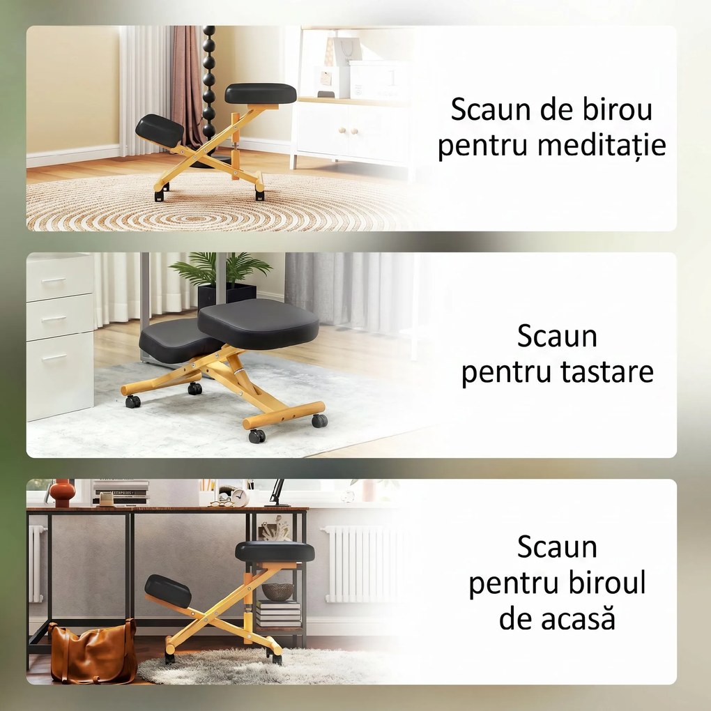 HOMCOM Scaun Ergonomic pentru Genunchi cu Înălțime Reglabilă din Lemn cu Rotile, 42x70x42-52 cm, Negru | Aosom Romania