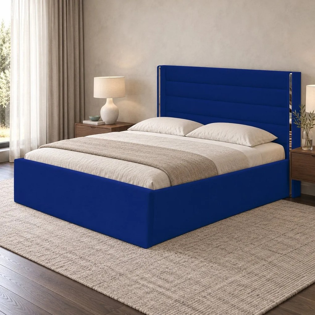 Pat tapițat din catifea Veyra 140×200 cm, bleumarin, detalii argintii, cu ladă de depozitare