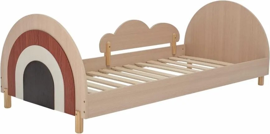 Pat pentru copii, maro, tăblie reversibilă cu model curcubeu, margine laterală detașabilă, finisaj vopsit, 70 x 204 x 94 cm, „Charli”