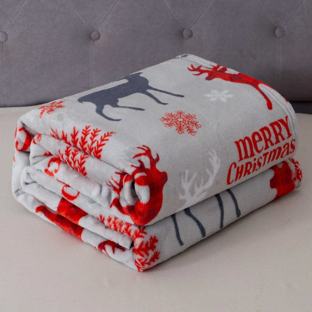 Patura de Craciun din microplus MERRY CHRISTMAS DEER gri Dimensiune: 160 x 200 cm