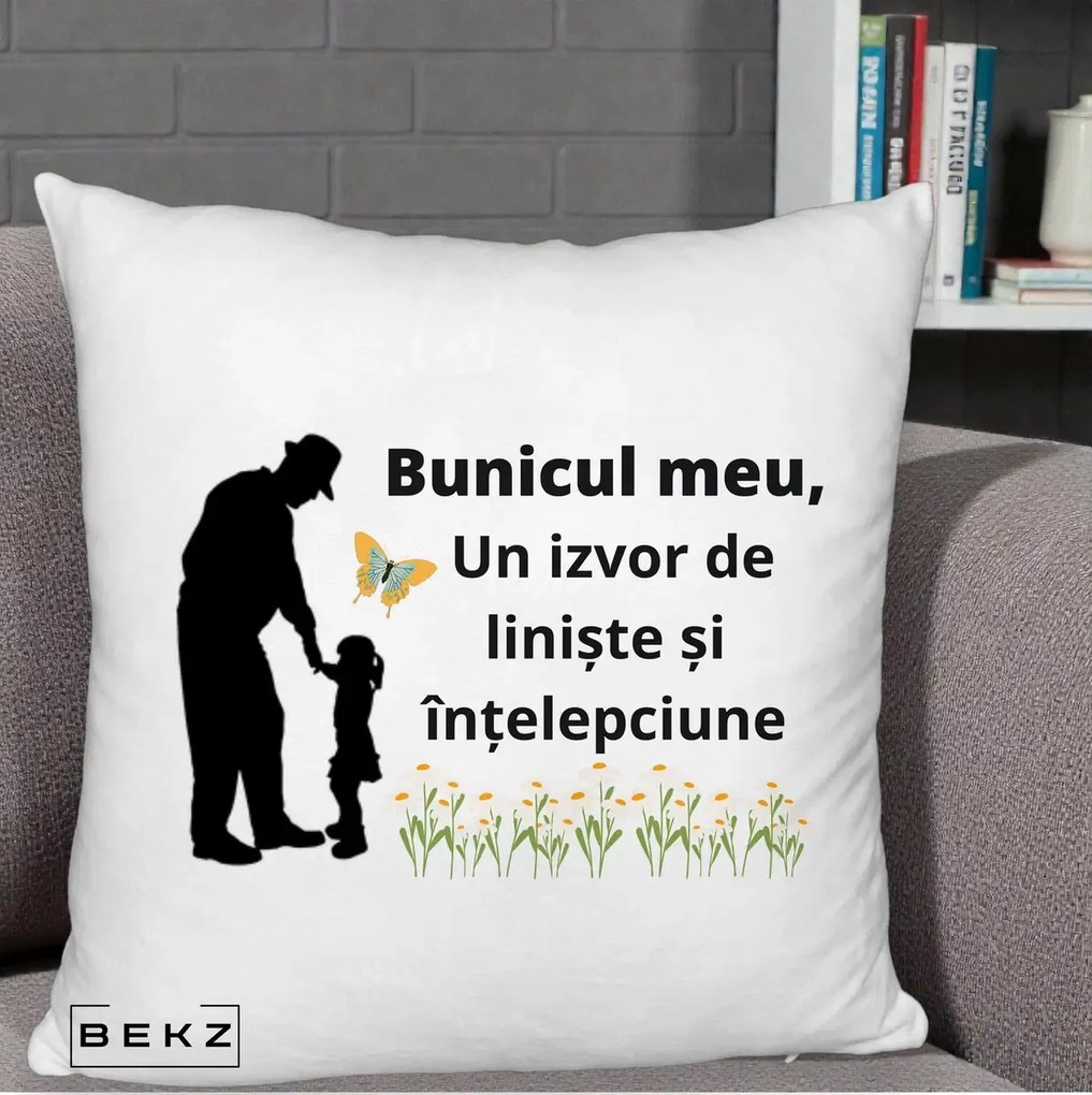 Cadou pentru Bunic - Perna Personalizata Bunicul Meu Izvor de Liniste cu Fluture si Fetita, 40x40 cm, Alb Pufos, Husa Detasabila, Perna Inclusa, BEKZ®